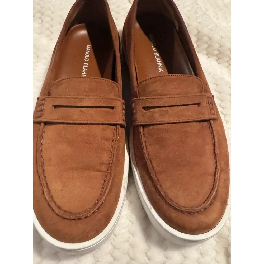 Authentic Manolo Blahnik Ellis Suede Penny Loafers‎ Men's Size 40.5 Brown Italy